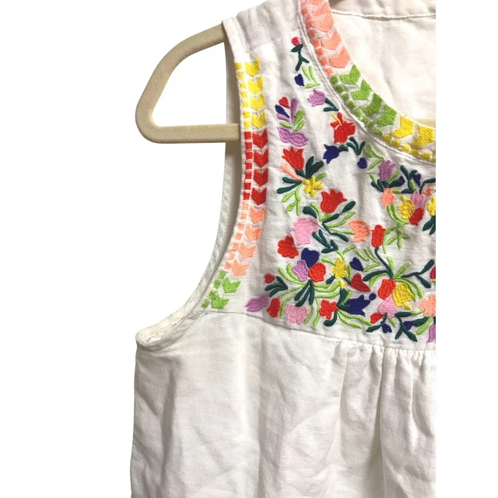 J. Crew Embroidered Floral Boho White Linen Cotton Sleeveless Top Size 4